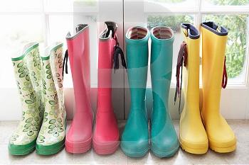 A display of colorful rain boots