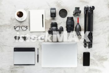 photography accessories on work table top view