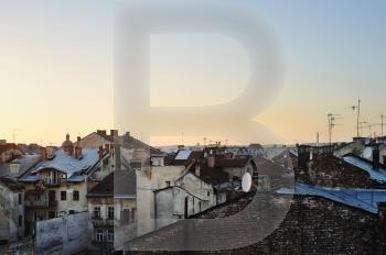 Roof tops of Lviv at sunrise, Ukraine