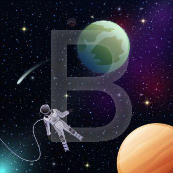 Astronaut in environmental suit in outer space flat composition on dark background with shiny stars vector illustration . Astronaut In Outer Space Flat Composition