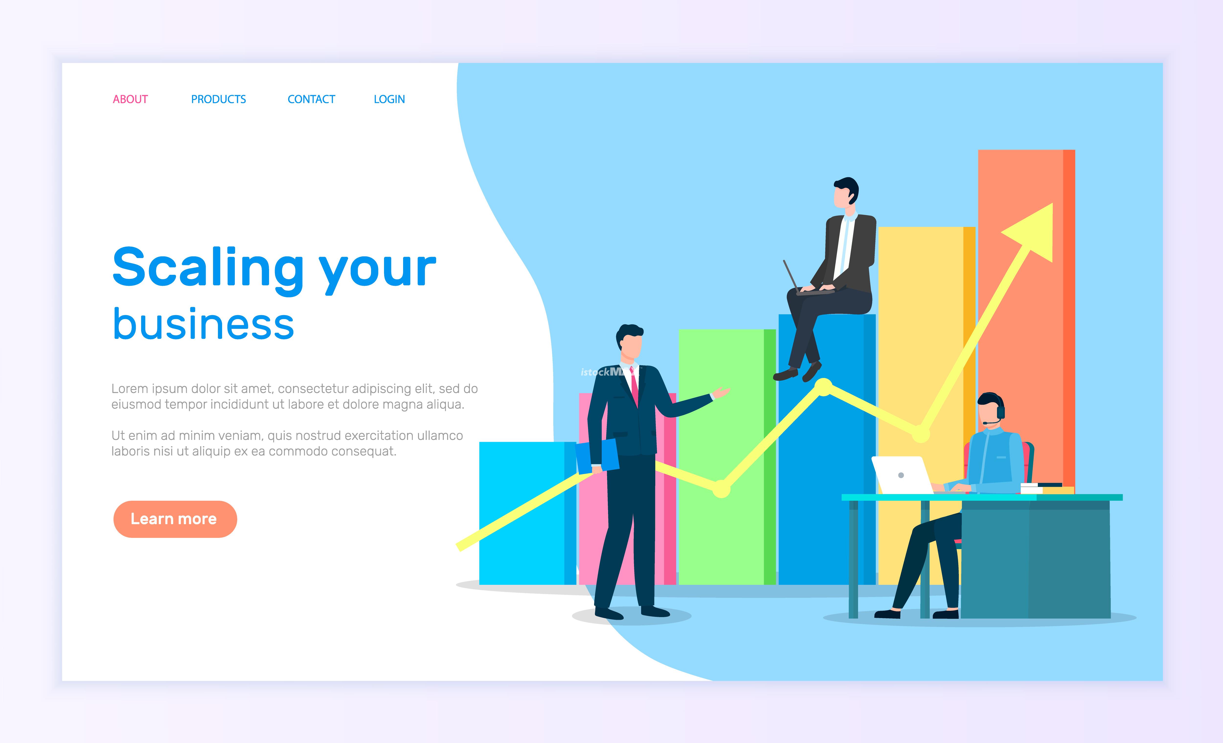 Teamwork and professional growth, scaling business landing web page vector. Businessman and career ladder, business training and cooperation, chart or graphic. Businessmen with laptops illustration. Scaling Business Landing Web Page, Graphic Growth