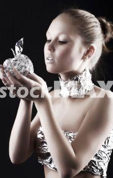 Metallic Ready file. Robot woman with metallic apple