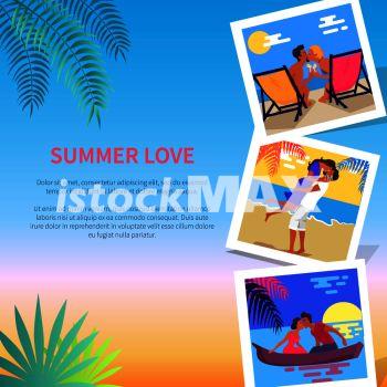 Summer love photographies with romantic couple spending honeymoon or dating on beach near written text on beach template background.. Summer Love Photos near Text Vector Illustration