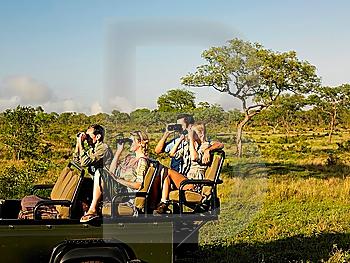 Group of tourists on safari sitting in jeep looking through binoculars