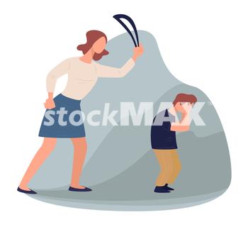 Mother punishing son beating with leather belt. Crying boy afraid of angry mon. Conflict and quarrel in family, misunderstanding between generation. Violence and aggressiveness, vector in flat. Violent mother beating crying son with leather belt