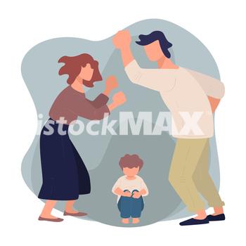Aggressive parents fighting and quarreling before small frightened child. Wife and husband arguing in front of kid. Frustrated people and infant. Domestic violence and yelling, vector in flat style. Wife and husband quarreling before scared kid, violence and aggression