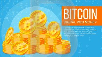 Bitcoin Banner Vector. Electronic Web Money. Gold Coins Stacks. Business Crypto Currency. Cyber Cash. Mining Technology. Flat Illustration. Bitcoin Banner Vector. Digital Web Money. Gold Coins Stack. Business Crypto Currency. Computer Cash Technology. Flat Illustration