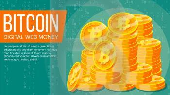 Bitcoin Banner Vector. Digital Web Money. Gold Coins Stack. Business Crypto Currency. Computer Cash Technology. Flat Illustration. Bitcoin Banner Vector. Electronic Web Money. Gold Coins Stacks. Business Crypto Currency. Cyber Cash. Mining Technology. Flat Illustration