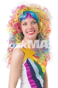 Woman with colourful wig isolated on white