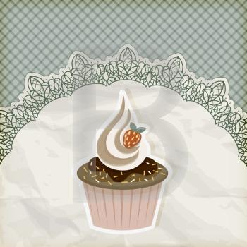 vector retro  invitation template with cupcake on lacy napkin