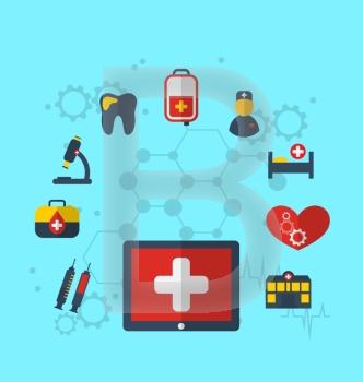 Illustration tablet pc with medical icons for web design, modern flat style - vector