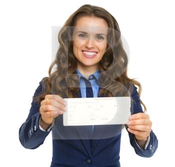 Smiling business woman giving air tickets