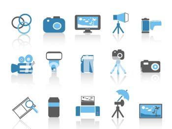 isolated blue color photography element icons set from white background