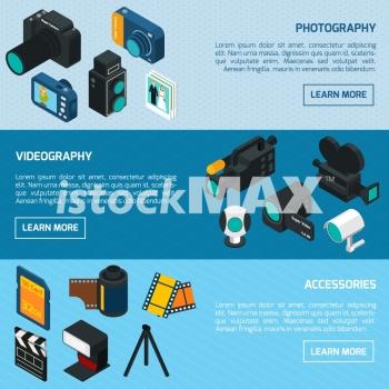 Photo and video horizontal banners set with photography videography and accessory isometric elements isolated vector illustration. Photo And Video Banners