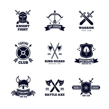 Vintage warrior sword and shield labels. Knight vector badges. Heraldry coat of arms logos. Emblem and label heraldry, sword and coat of arms design illustration. Vintage warrior sword and shield labels. Knight vector badges. Heraldry coat of arms logos
