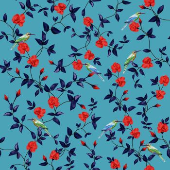 Seamless vector composition of rose flowers and birds with intersect branches of leaves. Floral pattern wallpaper on a blue background