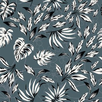 Abstract pattern black white exotic leaves on the contour floral background. Seamless vector composition