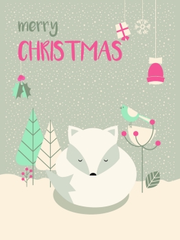 Cute Arctic Christmas sleepy baby fox surrounded with floral decoration, vector illustration