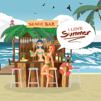 Bar bungalows with bartender and visitor woman on the beach ocean coast. Vector flat cartoon illustration. Summer vacation in a tropical landscape