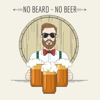 Hipster bartender with beer mugs against beer barrel and lettering No Beard No beer. Craft Beer pub design element.