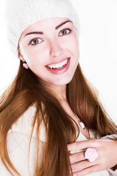 Delighted happy woman face - beauty toothy smile