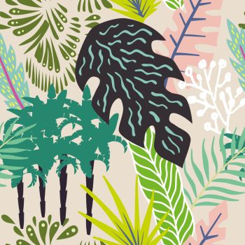 Abstract exotic composition of tropical leaves and palm trees. Beach jungle cartoon seamless pattern wallpaper beige background