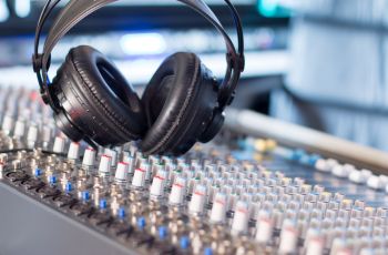 Professional sound recording studio: Headphones on a mixer desk, Radio