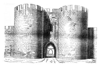 Gate of the city of Aigues-Mortes, vintage engraved illustration. Magasin Pittoresque 1841.
