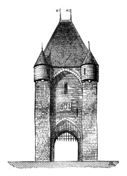 Gate City Moret. vintage engraved illustration. Magasin Pittoresque 1841.