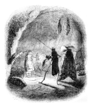 Philosophical maintenance in the Catacombs, vintage engraved illustration. Magasin Pittoresque 1841.