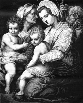 Holy Family by Andrea del Sarto, in the Louvre Museum, vintage engraved illustration. Magasin Pittoresque 1880.