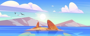 Ocean or sea nature landscape with shallow or land with rocks in clean water under fluffy clouds and gulls flying in sky. Morning or day time tranquil seascape background, Cartoon vector illustration. Ocean or sea nature landscape with shallow or land