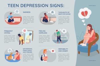 Teenager depression signs flat color vector infographic template. Teen anxiety. Poster with text, PPT page concept design with cartoon characters. Creative data visualization. Info banner idea. Teenager depression signs flat color vector infographic template