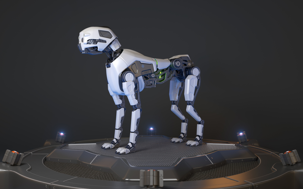 Robot dog stands on a charging dock. 3D illustration. Robot dog stands on a charging dock
