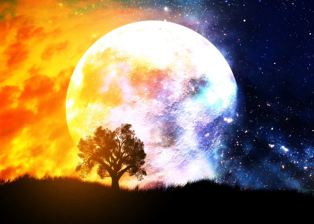 Big glowing planet over starry sky and alone tree background.