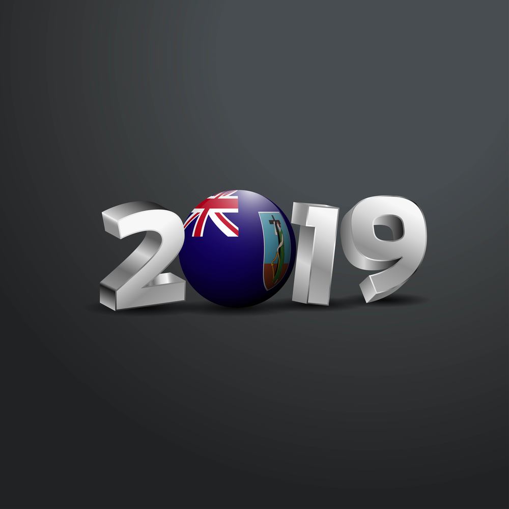 2019 Grey Typography with Montserrat Flag. Happy New Year Lettering