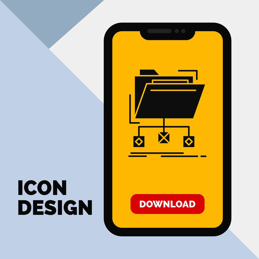 backup, data, files, folder, network Glyph Icon in Mobile for Download Page. Yellow Background. Vector EPS10 Abstract Template background