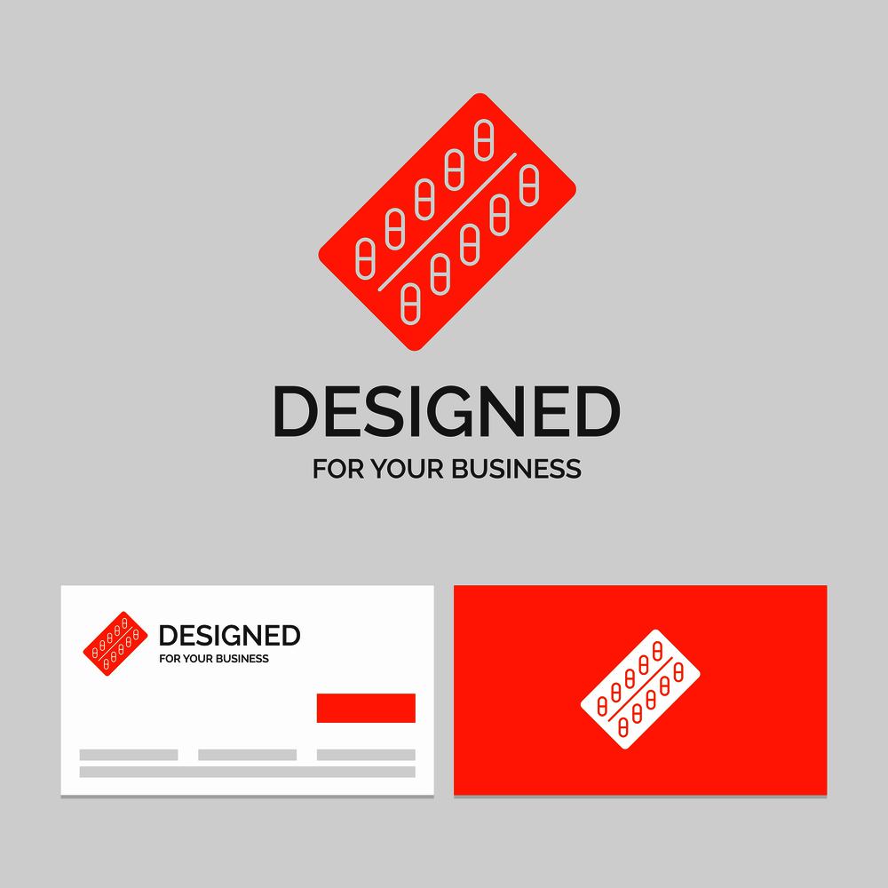 Business logo template for medicine, Pill, drugs, tablet, packet. Orange Visiting Cards with Brand logo template.. Vector EPS10 Abstract Template background