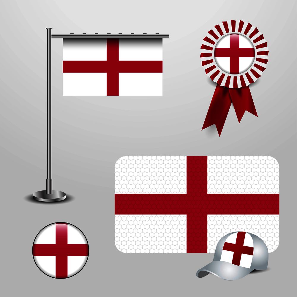 England United Kingdom Country Flag haning on pole, Ribbon Badge Banner, sports Hat and Round Button. Vector EPS10 Abstract Template background