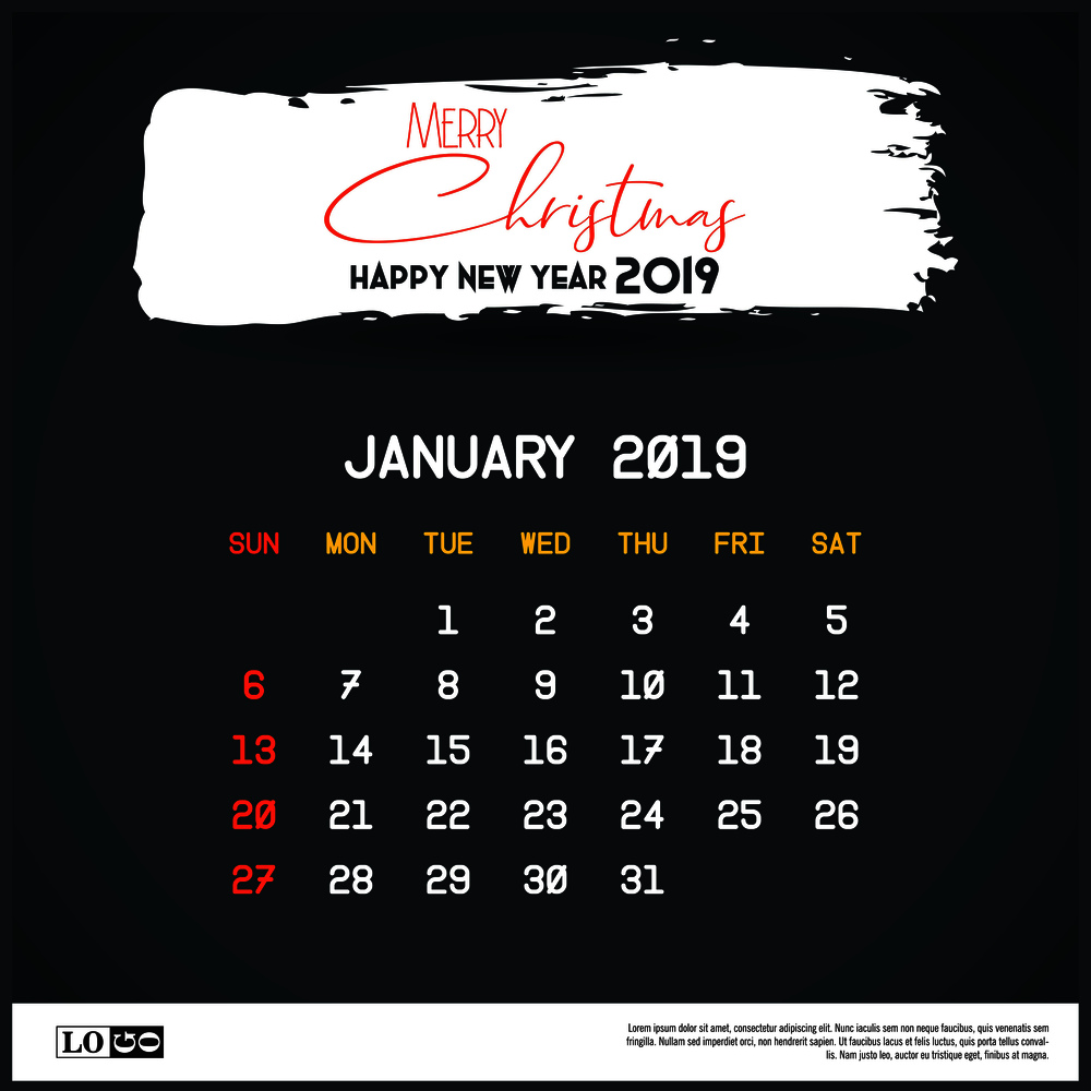 January 2019 New year Calendar Template. Brush Stroke Header Background. Vector EPS10 Abstract Template background
