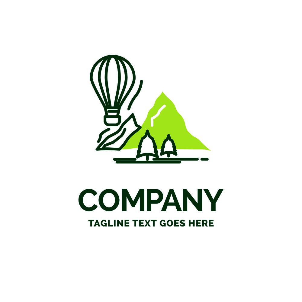 explore, travel, mountains, camping, balloons Flat Business Logo template. Creative Green Brand Name Design.