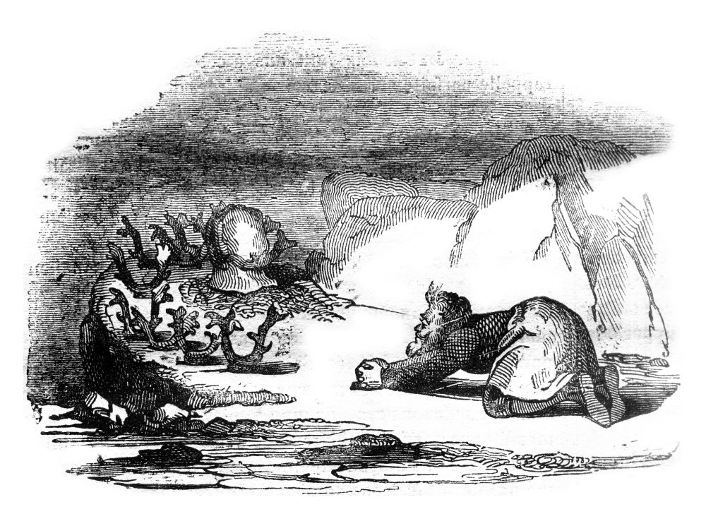 Varek pass. Sami worshiping fetish, vintage engraved illustration. Magasin Pittoresque 1841.