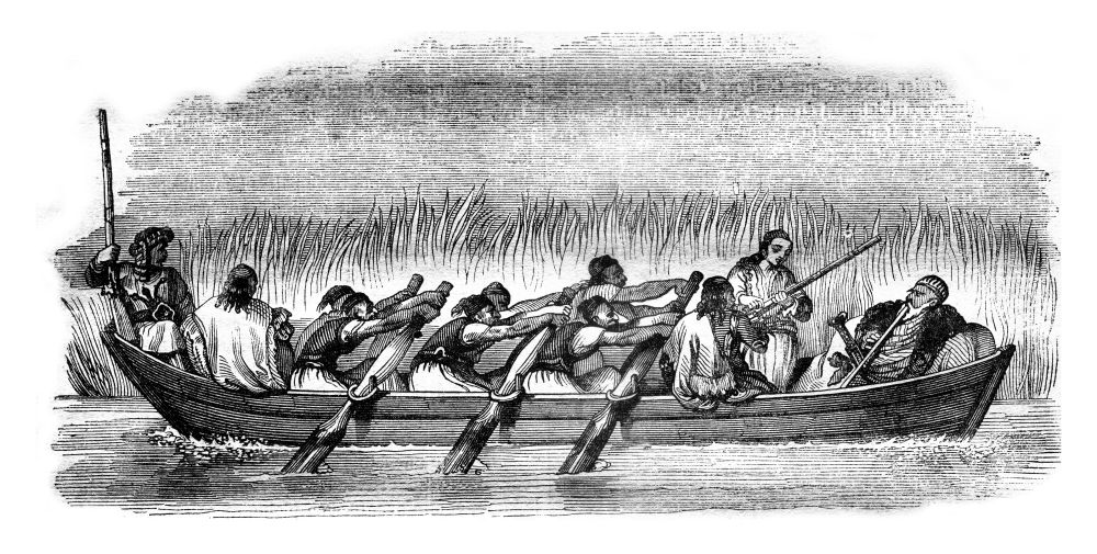 This check is three pairs of oars, set in motion by six rowers, vintage engraved illustration. Magasin Pittoresque 1841.