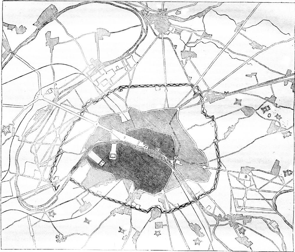 Map of the fortifications of Paris, vintage engraved illustration. Magasin Pittoresque 1841.