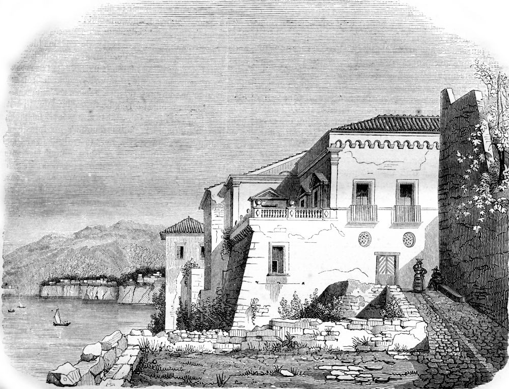 Coffee House in Sorrento, vintage engraved illustration. Magasin Pittoresque 1842.