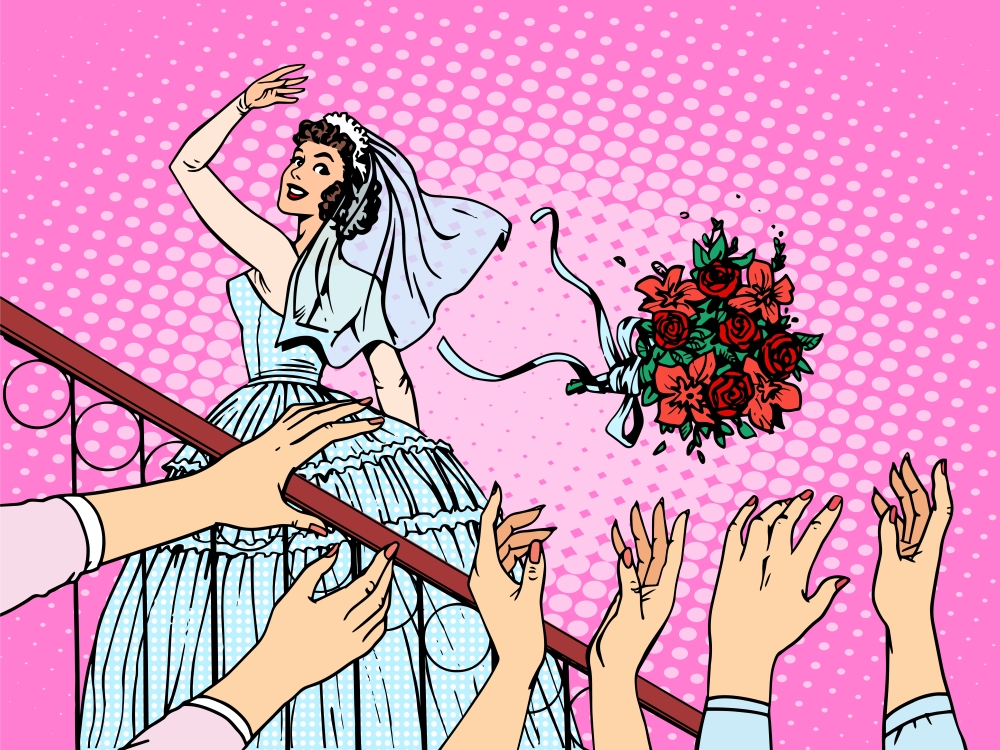 Wedding bride bouquet flowers bridesmaid woman. Beautiful girl in white wedding dress standing on the stairs and throws flowers into the hands of the wedding guests. Love fun romance pop art retro style. Wedding bride bouquet flowers bridesmaid woman