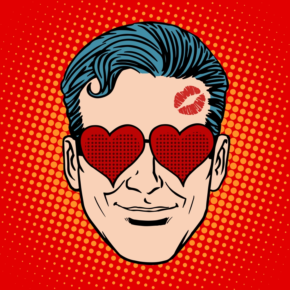 Retro Emoji lover man face pop art style. Heart love romantic relationship kiss. Retro Emoji lover man face