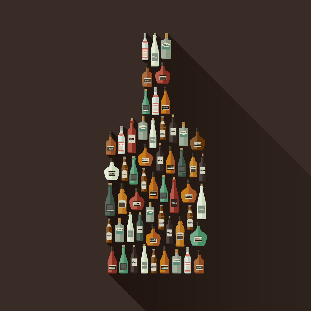 Icons set of alcoholic beverages in bottle shape.