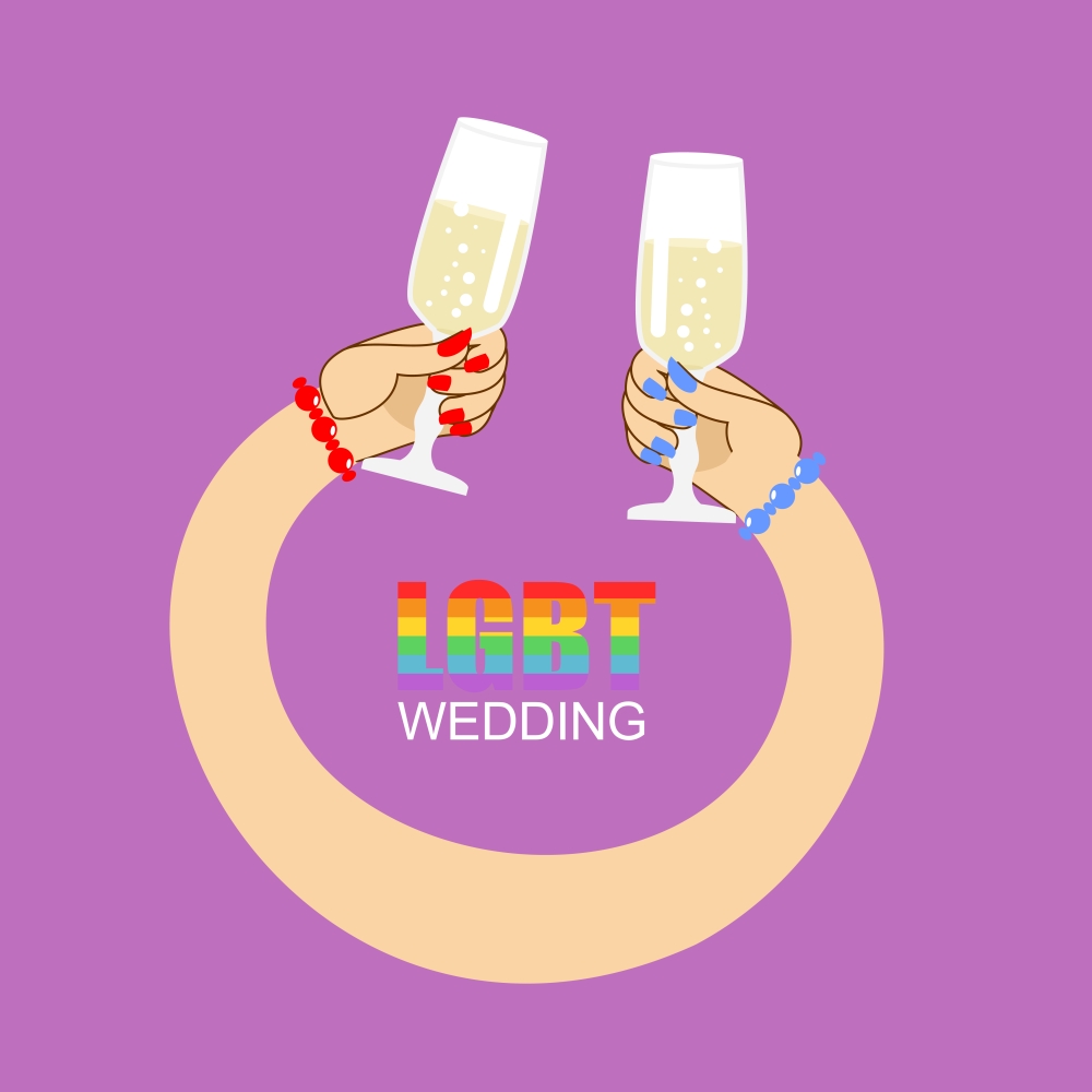 LGBT wedding. Symbol of wedding of two women. Lesbian wedding feast. Female hands holding glasses with white wine.&#xA;