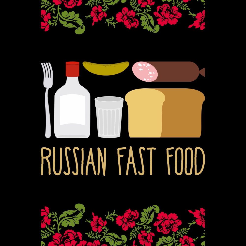 Russian traditional fast food. Vodka and sausage. Folk floral pattern.&#xA;